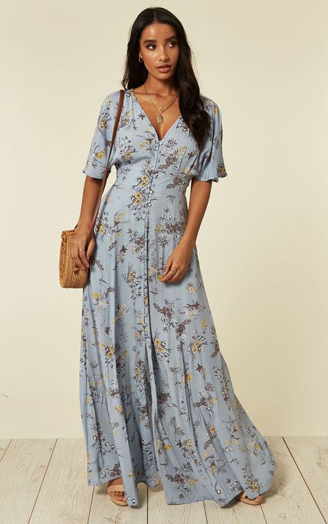 Kayla – Button Through Blue Maxi Dress | Blue Vanilla | SilkFred Summer Mom Fashion, Blue Maxi Dresses, Fishtail Maxi Dress, Blue Floral Maxi Dress, Maxi Outfits, Blue Maxi Dress, Blue Maxi, Maxi Dress Blue, Guest Outfit