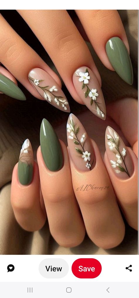 French Tip Nails With Sage Green, Wedding Nails With Leaf Design, Sage Nails With Design, Black And Sage Nail Designs, Wedding Nails Forest Green, Eucalyptus Nails Design, Leafy Nail Designs, Nails Sage Green And Gold, Dark Green Floral Nails