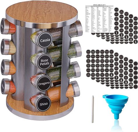 With its timeless design and superior functionality, this spice rack set provides the perfect solution for keeping your spices organized and easily accessible. The revolving feature allows for effortless browsing and selection of your favorite herbs and spices, while the 16 included spice jars ensure you have a wide variety at your fingertips. #kitchen #kitchenideas #spicy Shelf Pantry, Revolving Spice Rack, Countertop Spice Rack, Rotating Spice Rack, Jars Kitchen, Spice Jar Labels, Kitchen Spice Racks, Spice Rack Organiser, Spice Racks