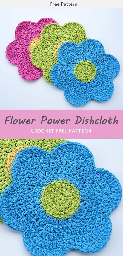 Flower Power Dishcloth Crochet Free Pattern Crochet Dish Cloth Free Pattern, Crochet Washcloth Pattern, Crochet Coasters Free Pattern, Kitchen Crochet, Crochet Mobile, Rose Patterns, Dishcloth Crochet Pattern, Washcloth Pattern, Crochet Dishcloth