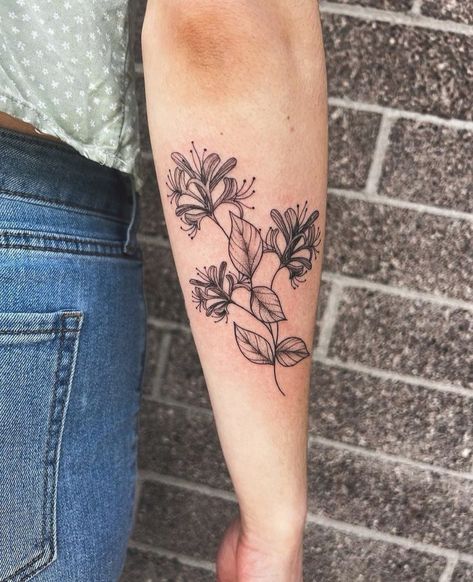 Honeysuckle Back Tattoo, Honeysuckle Aries Tattoo, Illustrative Floral Tattoo, Honey Suckle Tattoo Flower, Honey Suckle Flowers Tattoo, Flower Patchwork Tattoo, Honeysuckle Tattoo Design, June Birth Flower Tattoo Honeysuckle, Honeysuckle Tattoo Simple