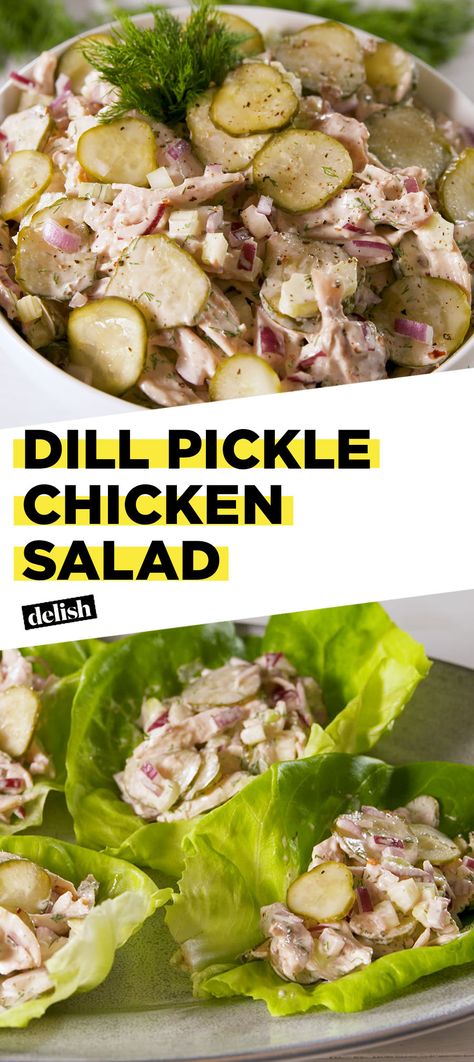 Pickle lovers, this chicken salad was MADE for you. Get the recipe at Delish.com. #recipe #easyrecipe #easy #chicken #salad #pickles #sandwich #chickenrecipes #lunch #summer Dairy Free Chicken Salad, Dill Pickle Chicken Salad, Pickle Chicken Salad, Dill Pickle Chicken, Pickle Chicken, Aip Chicken, Dill Chicken, Best Chicken Salad Recipe, Paleo Salad Recipes