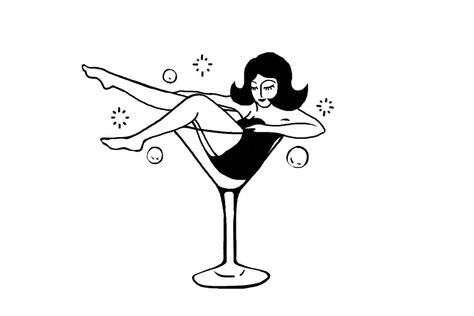 Lady In Martini Glass Drawing, Cocktail Tattoo, Futuristic Photoshoot, Valentine Poster, Cocktail Illustration, Line Art Tattoos, Rhinestone Art, Big Art, Girl Sketch