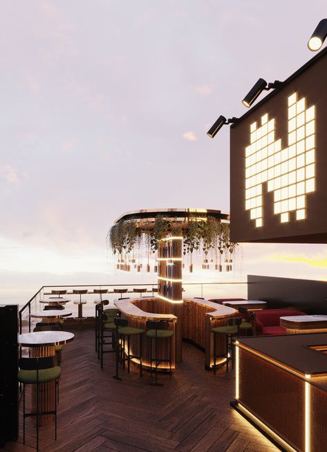 Terrace Design Restaurant, Rooftop Lounge Bar, Chinese Bar, Sky Lounge, Rooftop Design, Rooftop Lounge, Lounge Lighting, Terrace Design, Roof Top