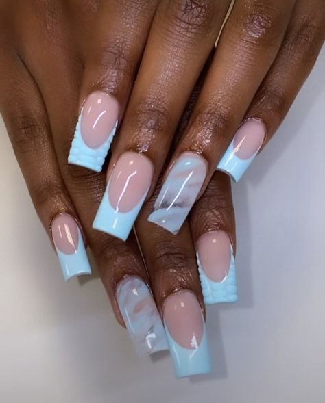 Cute Short Nail Sets Spring, Pink And White Acrylic Nails With Design French Tips, Prom Nails Acrylic Short Square, Short Acrylic Nails Designs White, Graduation Nail Ideas Short, Blue Nails Ideas Short, French Tip Nails With Design Short, Pretty Blue Nails Short, Blue Acrylic Nails Square