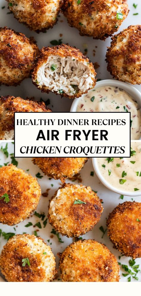 Turn leftover chicken into a delicious meal with these Easy Lightened Up Air Fryer Chicken Croquettes! Perfect for those looking for healthy dinner recipes or healthy chicken recipes, these crispy golden croquettes are packed with lean protein and full of flavor. An ideal choice for healthy dinner ideas, each bite combines a tender, savory filling with a low-fat creamy dipping sauce—just right for a quick, satisfying meal! Chicken Breast Dinner Ideas, Boneless Chicken Breast Recipes, Easy Chicken Breast Recipes, Boneless Skinless Chicken Breast Recipes, Low Fat Chicken Recipes, Skinless Chicken Breast Recipes, Healthy Diners, Creamy Dipping Sauce, Chicken Boneless Breast Recipes