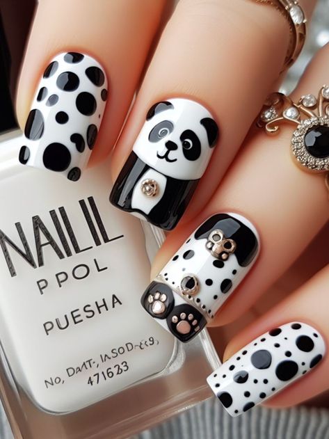 A whimsical black and white nail design featuring playful animal prints, such as panda bears or Dalmatian spots, for a fun and quirky look Panda Bear Nails, Black And White Nail Design, Panda Nails, Panda Nail Art, White Nail Design, Black And White Nail, Acrylic Nail Designs Coffin, Black And White Nail Designs, Dalmatian Spots