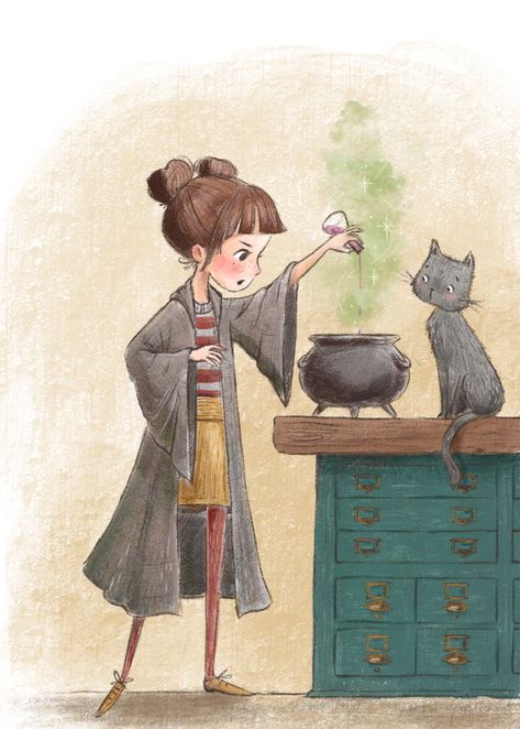 Potion making witch with black cat and cauldron - illustration by Alexandra Thompson Witchy Drawings, Witch With Black Cat, Potion Making, Witch Drawing, Witch Characters, Book Illustration Art, Halloween Illustration, Witch Halloween, Arte Inspo