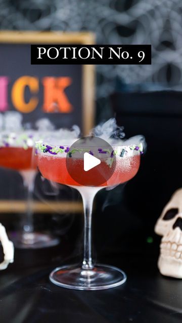 Meg Smith on Instagram: "POTION No. 9 🧙🏼🧹🫧 #ad I’ve partnered with @meijerstores to make this spooky good cocktail! The perfect potion for ghouls night & Halloween parties 👻 

You can find all the decorations and ingredients @meijerstores!! 

INGREDIENTS: 
*Makes 2 cocktails 
3 oz blanco tequila 
2 oz raspberry liqueur such as Chambord 
2 oz fresh lime juice 
1 oz simple syrup 
Honey 
Sprinkles 
Dry Ice 

In a cocktail shaker add tequila, raspberry liqueur, lime juice, simple syrup and ice. Shake until chilled. Dip cocktail glass rim into honey and then sprinkles. Pour strained drink into two cocktail glasses and add a small chunk of dry ice to each cocktail. Be careful when handling dry ice - do not touch dry ice with skin & be sure to look up proper care instruction to avoid injury. Ghouls Night, Halloween Instagram, Raspberry Liqueur, Dry Ice, Cocktail Drinks Recipes, Cocktail Glasses, Halloween Parties, Drink Up, Fresh Lime