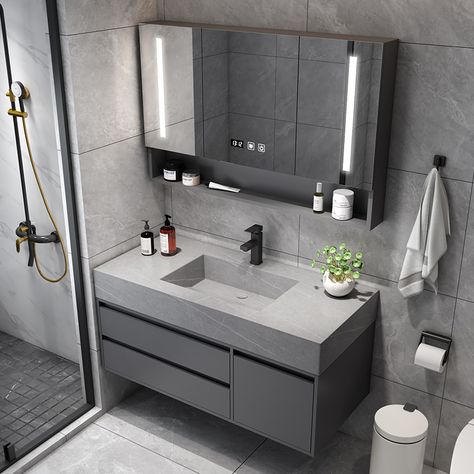 Bathroom Cabinets And Countertops, Built In Sink Bathroom, Marble Bathroom Vanity Ideas, Floating Cabinets Bathroom, Gray And Black Bathroom, Bathroom Vanity Ideas Modern, Washroom Vanity Designs, Gray Vanity Bathroom, Washbasin Cabinet Design