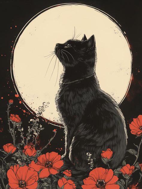 This striking artwork captures the majesty of a black cat silhouetted against a luminous full moon, surrounded by vibrant red flowers. The fusion of bold colors and intricate line work echoes the visual storytelling found in contemporary nature-inspired art, serving as a tribute to the mysterious beauty of both feline grace and floral elegance. The contrasting elements of the deep black background and the bright hues not only draw the eye but also evoke a sense of calm and curiosity, making this Black Cat Aesthetic Painting, Cute Black Cat Aesthetic, Black Cats Aesthetic, Art With Black Background, Black And White Canvas Painting, Witchy Artwork, Two Black Cats, Mysterious Art, Moonlight Art