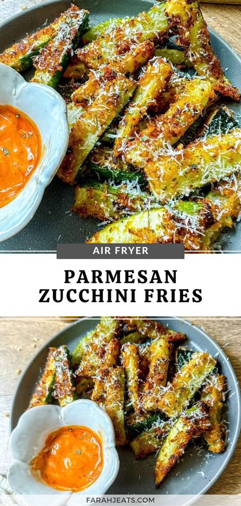 2 photos of air fryer parmesan zucchini fries served on a grey plate, with a serving of spicy mayo dipping sauce. Healthy French Fries Alternative, Healthy Dinner Zucchini, Fries Alternative, Air Fryer Parmesan Zucchini, Zucchini Fries Recipe, Healthy French Fries, Parmesan Zucchini Fries, Vegetable Side Dishes Healthy, Zucchini Side Dishes