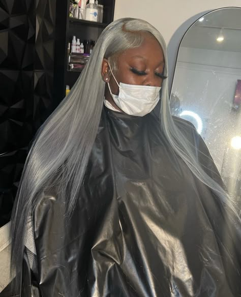 Dark Grey Wigs For Black Women, Grey Wig Install Black Women, Silver Hair On Brown Skin, Silver Wig On Dark Skin, Grey Wig On Dark Skin, Gray Frontal Wig, Grey Wig Hairstyles, Grey Wig Install, Silver Hair On Dark Skin