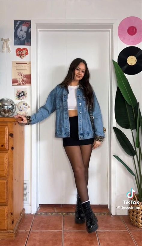 Black Stockings Outfit Casual Summer, I.m Concert Outfit, 21 Year Old Outfits Casual, Black Skirt Jean Jacket Outfits, Denim Jacket Outfit With Skirt, Spring Outfits With Doc Martens, Barhopping Outfits, Preppy Alternative Style, Vegas Outfit Inspiration