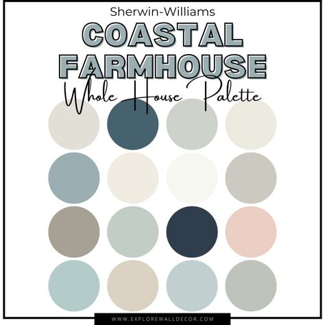 7 Serene Sherwin Williams Coastal Farmhouse Interior Paint Colors - Explore Wall Decor Coastal Farmhouse Paint Colors, Farmhouse Paint Palette, Whole House Paint Palette, House Paint Palette, Interior Paint Color Palette, Farmhouse Paint Colors Interior, House Palette, Farmhouse Color Palette, Coastal Paint Colors