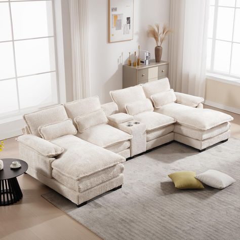 PRICES MAY VARY. Premium Material : Sturdy solid wood frame, high-end breathable chenille fabric, filled with high-quality foam, make this combination sofa beautiful and comfortable, which can perfectly support your body shape and give you a relaxing feeling after a big day. ConsoleE Design: This living room sofa couch set comes with a storable console, cup holder and USB port for easy storage and charging. Superior Comfort: The deep sectional sofa is made of high-grade breathable chenille fabri Sofa Tv Room, Couches For Apartments, Cozy Couches Living Room, Sectional Living Room Layout, U Shaped Couch, Comfortable Sectional, U Shaped Sectional Sofa, Couch With Chaise, Sofa With Storage