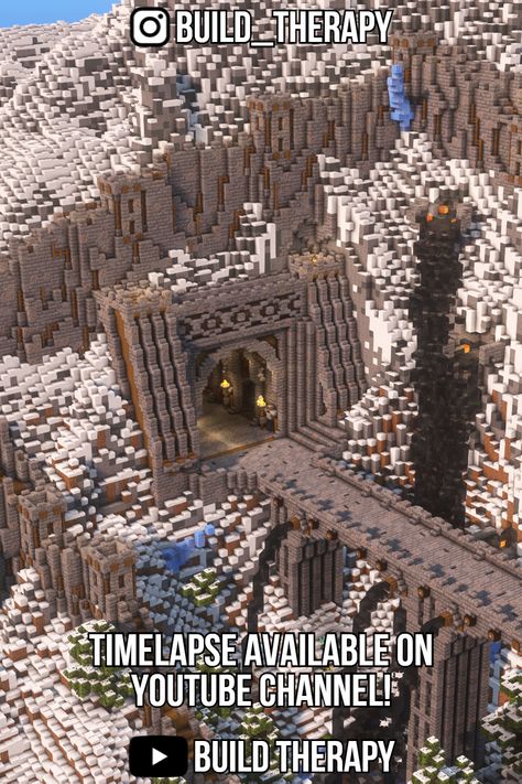 My Biggest Minecraft Build ever, A dwarven style medieval Fort! I hope you like the design, full timelapse for this entire build on my Youtube :) Minecraft Giant Door Design, Minecraft Medieval Fortress, Huge Minecraft Castle, Minecraft Mountain Temple, Base Design Minecraft, Minecraft Mountain Entrance, Mountain Base Minecraft, Minecraft Dwarven Architecture, Fantasy Castle Minecraft