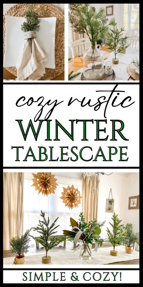 Need ideas for simple and uncluttered winter table decor? See how I put together a charming, minimalist, festive winter tablescape, perfect for after Christmas. Hint- you already have a lot of decor from Christmas you can use! Winter Table Runner Ideas, Simple Round Table Decorations, Minimalist Christmas Tablescapes, Winter Tablescapes Simple, Natural Christmas Tablescapes, Winter Buffet Table Decor, Winter Tablescapes After Christmas, Table Scapes Everyday, Winter Dining Table Decor