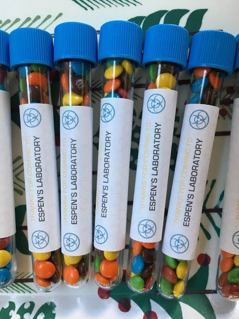 Test tube party favors from Science Birthday Party. Science Goodie Bags, Emily Wonder Lab Birthday, Science Themed Birthday Party Food Ideas, Science Birthday Party Favors, Laboratory Party, Medical School Graduation Party Ideas, Science Party Favors, Science Gifts For Kids, Science Lab Decorations