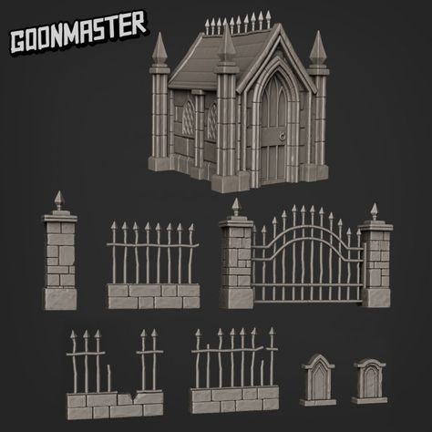 Graveyard Fence, Tall Fence, Theme Park Planning, Iron Fence Gate, Haunted Asylums, Fantasy Terrain, Maya Modeling, Miniature Terrain, 3d Printed Miniatures