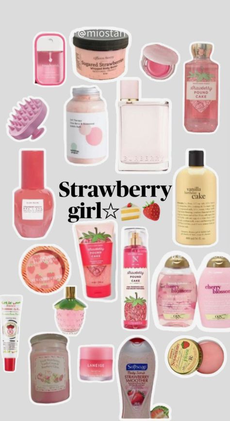 Smell Good Combo Strawberry, Strawberry Scent Aesthetic, Strawberry Sent, Strawberry Scented Products, How To Smell Like Strawberries, Strawberry Skincare, Strawberry Products, Strawberry Cosmetics, Strawberry Items