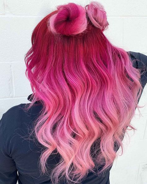 How to Get Pink OmbrÃ© Hair - 21 Cute Ideas for 2022 Hot Pink To Light Pink Hair, Pink Hair Inspiration Ombre, Pravana Pink Hair, Pink And Teal Hair Color Combinations, Split Dyed Hair Fall Colors, Pink Hair Full Head, Pink And Purple Ombré Hair, Pink Vivid Hair Color, Dark Pink Roots Light Pink Hair