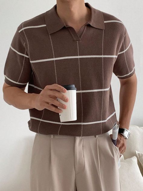 Men Plaid Print Polo Shirt Men’s Polo Shirt, Short Men Outfits, Classy Boy Aesthetic, Male Office Outfit, Work Outfits Men Professional, Teacher Outfits Men, Business Professional Outfits Men, Soft Boy Fashion, Vintage Business Casual