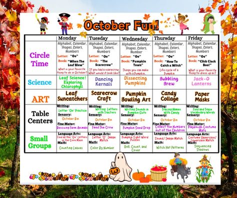 "October Fun!!" This is a week long lesson plan all about the October Festivities!! This lesson plan is for pre-k to Kindergarten students. This lesson can either be used in the full Giggling Einstein's curriculum or just be added to your curriculum. It is full of fun, hands-on activities that teach all the skills your students will need throughout the school year in a fun way!  These lessons help teachers and parents have more time to teach and less time worrying about the paperwork. Includes: October Curriculum Themes, October Pre K Lesson Plans, Fall Technology Activities, Prek Weekly Lesson Plan, Prek October Themes, October Circle Time Activities, Lesson Plan Preschool Ideas, October Toddler Lesson Plans, Fall Large Motor Activities For Toddlers