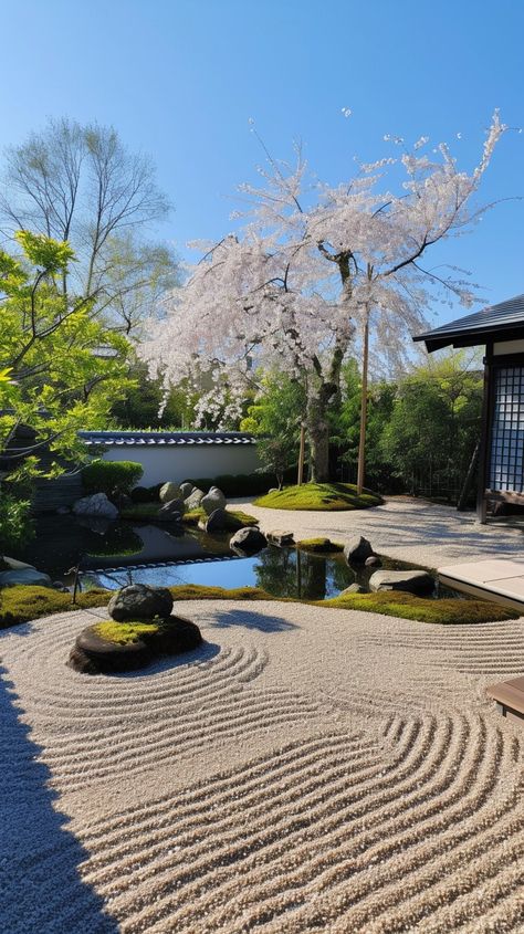 "Serene Japanese #Nature: A tranquil Japanese #ZenGarden showcasing meticulously #RakedSand, blossoming cherry trees, and traditional architecture under clear skies. #CherryBlossoms #JapaneseArchitecture #ScenicView #AIArt #AIPhoto #Stockcake ⬇️ Download and 📝 Prompt 👉 https://stockcake.com/i/serene-japanese-garden_193838_34371" Japanese Sun, Garden Japanese, Japanese Nature, Traditional Japanese Architecture, Japanese Pagoda, Traditional Japanese House, Garden Inspo, Cherry Trees, Japanese Gardens