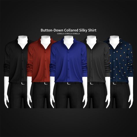 Button-Down Collared Silky Shirt | Gorilla Gorilla Gorilla on Patreon Sims 4 Men Clothing, Gorilla Gorilla, Sims 4 Male Clothes, Black Button Up Shirt, Sims 4 Game Mods, Free Sims, Silky Shirt, Sims 4 Dresses, Sims4 Clothes