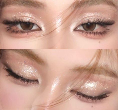 Douyin New Year Makeup, Fenty Diamond Bomb Makeup Look, Gold Korean Makeup, Etheral Make Up, Wet Eyeshadow Look, Angelic Makeup Aesthetic, Ethereal Makeup Looks, Angelcore Makeup, Angelic Makeup Look