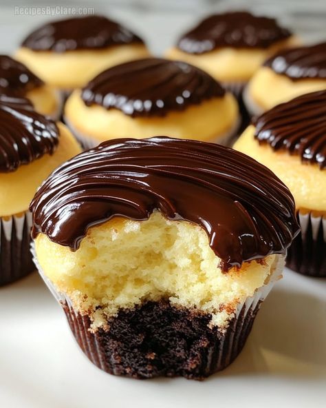 Boston Cream Pie Cupcakes Recipe - Classic Dessert in Cupcake Form - Recipes By Clare Pudding Filled Cupcakes, Cream Pie Cupcakes, Boston Cream Pie Recipe, Boston Cream Pie Cupcakes, Moist Vanilla Cupcakes, Chocolate Cherry Cookies, Cupcakes Filled, Pie Cupcakes, Homemade Pudding