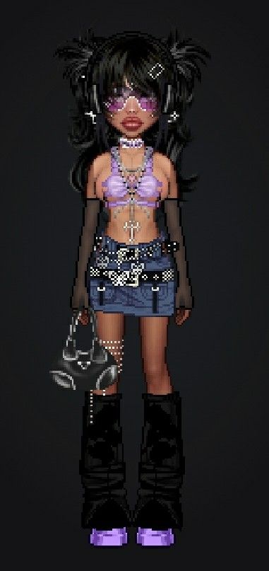 Black hair, purple shirt everskies female girl Black And Purple Concert Outfit, Y2k Fashion Purple, Y2k Purple Outfit, Purple Y2k Outfit, Recreate Outfits, Y2k Party Outfit, Cyberpunk Outfit, Purple Y2k, Y2k Girls