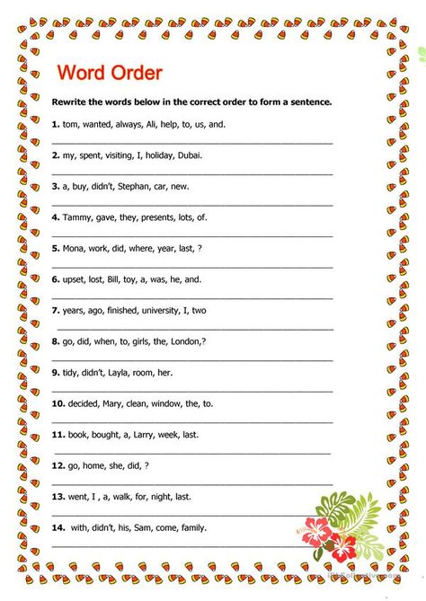 Word Order - English ESL Worksheets for distance learning and physical classrooms Word Order Worksheets, Jumbled Words, Worksheets For Class 1, Unscramble Words, English Grammar Exercises, Word Order, Grammar Exercises, English Exercises, English Grammar Worksheets