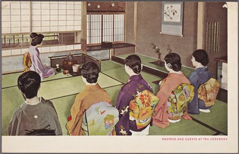 Hostess and guests at tea ceremony. - NYPL Digital Collections Kimono Art, Japan Outfit, Kimono Design, Japan Woman, Japanese Tea Ceremony, Japanese Geisha, New York Public Library, Picture Collection, Japanese Fabric