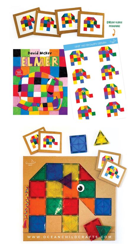 Elmer the elephant puzzle craft and printable. Book from David Mckee. Perfect to use with magnetic tiles. For kindergarten and preschool. Elmer Ideas Eyfs, Elmer The Patchwork Elephant Activities, Elmer The Elephant Template Free Printable, Elmer Elephant Craft, Elmer Preschool Activities, Elmer The Elephant Craft, Elmer Activities Eyfs, Elmer The Elephant Activities Preschool, Elephant Activities For Preschool