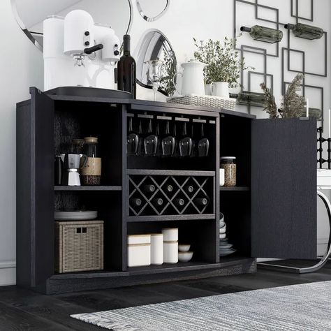 Three Posts™ Lipman Bar with Wine Storage & Reviews | Wayfair Bars In Kitchen, Black Bar Cabinet, Wine Credenza, Bar Buffet Cabinet, Home Wine Bar, Wine And Coffee Bar, Chicago Condo, Lg Signature, Cellar Ideas