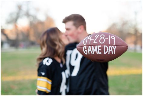 Football Themed Engagement Photos, Nfl Wedding Ideas, Rugby Wedding Ideas, Football Theme Wedding Ideas, Engagement Photos Football, Football Field Engagement Photos, Football Engagement Photos, Football Engagement Party, Sports Wedding Ideas