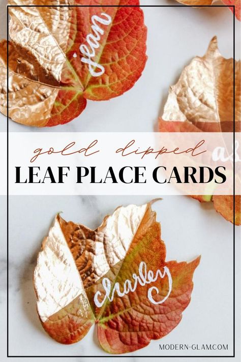 how to make an easy fall leaf project. These gold dipped leaf place cards take less than 10 minutes to make and are perfect for you fall table setting Fall Place Cards, Leaf Place Cards, Thanksgiving Decoration Ideas, Thanksgiving Party Ideas, Leaf Projects, Thanksgiving Decor Ideas, Thanksgiving Decorating, Table Garland, Thanksgiving Place Cards