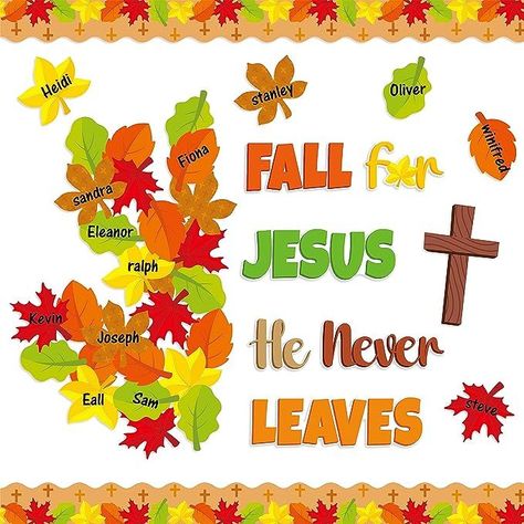 Fall Sunday School Bulletin Boards, Christian School Bulletin Boards, Fall Church Bulletin Boards, Catholic Bulletin Boards, Religious Bulletin Boards, Catholic Classroom, Leaves Name, Christian Classroom, Christian Bulletin Boards