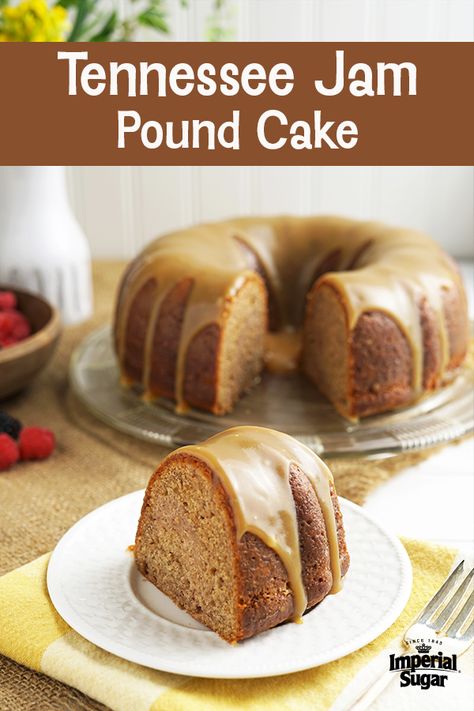 Tennessee Jam Cake with Brown Sugar Whiskey Glaze - This #southern #dessert #recipe is perfectly moist and tender thanks to the addition of #jam and #buttermilk. Lightly spiced with #cinnamon, #ginger, and #cardamom and then topped with a brown sugar #whiskey #glaze, this flavorful #Tennessee Jam #Cake is sure to be a crowd pleaser. For more cake recipes visit www.imperialsugar.com. #imperialsugar #brownsugar #poundcake Whiskey Glaze, Strawberry Layer Cakes, Jam Cake, Sweet Treats Desserts, Bundt Cakes Recipes, Pie Cake, Pound Cake Recipes, Crowd Pleaser, How Sweet Eats