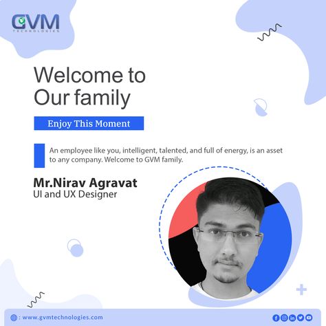 An employee like you, intelligent, talented and full of energy, is an asset to any company. Welcome to GVM family, Nirav. ~GVM Family~ #employeeonboarding #employeerecognition #Employee Employee Welcome Post, Welcome Post, Employee Onboarding, Full Of Energy, Work Anniversary, Employee Recognition, Post Design, This Moment, First Day