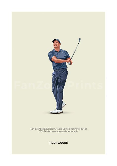 Tiger Woods poster featuring a minimalist design style. The high-quality print showcases a beautiful digital drawing of Tiger Woods alongside a meaningful golf quote. Perfect for any golf lover looking to add some flair to their living space. Golf Illustration, Golf Drawing, Sports Room Decor, Golf Room, Golf Poster, Golf Prints, Golf Art, Golf Quotes, Sports Celebrities