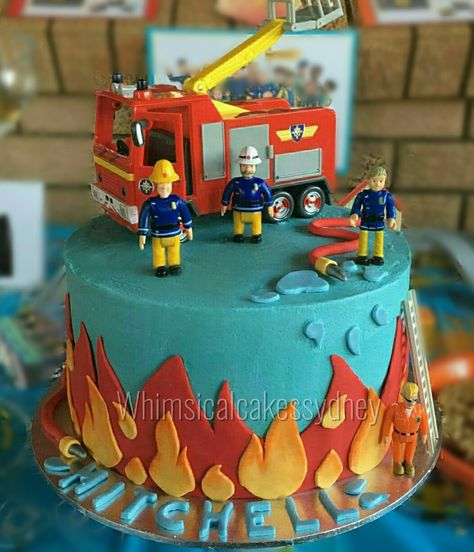 Fire Fighter Birthday Theme Cake, Fireman Birthday Cake, Simple Fire Truck Birthday Cake, Fireman 3rd Birthday Cake, Firetruck Cake Diy, 3rd Birthday Firetruck Cake, Fireman Sam Birthday Cake, Firefighter Birthday Cakes, Fireman Sam Birthday Party