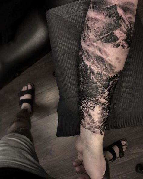 Forest Tattoo Sleeve, Natur Tattoo Arm, Mountain Tattoos, Nature Tattoo Sleeve, Forearm Tattoo Design, Biomechanical Tattoo, Landscape Tattoo, Forest Tattoos, Forearm Sleeve Tattoos