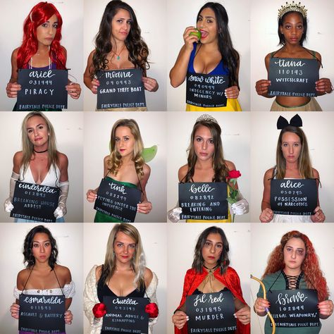 Princesses In Jail Costume, Disney Princess Jail Costume, Disney Princess Mugshots Costume, Arrested Princess Halloween Costume, Hen Party Costume Ideas, Bridal Party Halloween Costumes, Arrested Disney Princess Costume, Arrested Princess Costume, Disney Princess College Costume