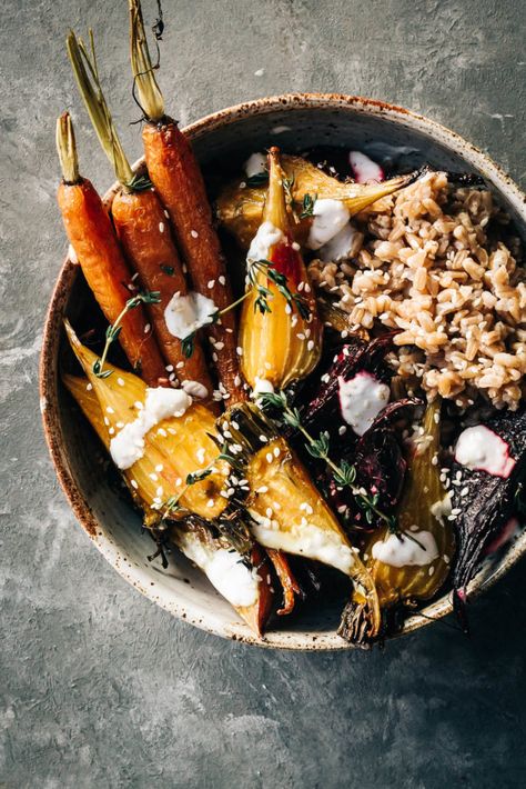 Late Winter Farmer's Bowl - Dishing Up the Dirt Farmers Bowl, Budha Bowl, Cauliflower With Tahini, November Recipes, Winter Bowl, Beets And Carrots, Garlic Yogurt, Spiced Cauliflower, Vegan Buddha Bowl