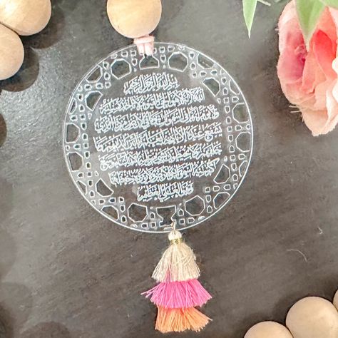 Islamic Rearview Mirror Acrylic Car Hanger with Ayatul Kursi for protection made pastel tassel, Muslim keychain with ayat Ramadan Ideas, Cord Wood, Disc Style, Car Hangers, Ayatul Kursi, Mirror Acrylic, Ramadan Decorations, Car Rear View Mirror, Car Charms