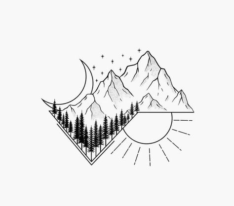 Best Friend Mountain Tattoos, Mountain Tattoo Drawing, Hiking Tattoo Ideas, Pnw Tattoo Washington, Mountains Graphic Design, Camping Tattoo Ideas, Geometric Mountain Art, Line Art Mountains, Mountain Line Drawing