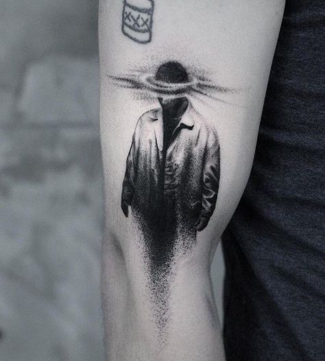 Existentialism Tattoo Ideas, Blackwork Tattoo Style, Contemporary Art Tattoo, Surealism Tattoo Ideas, Existentialism Tattoo, Existential Tattoo, Tattoo Blackwork Dark, Absurdism Tattoo, Surreal Art Tattoo